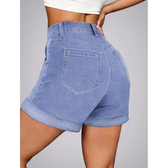 Light Blue High Waisted Stretchy Casual Denim Shorts Ripped Frayed Hem Summer - Picture 4 of 6